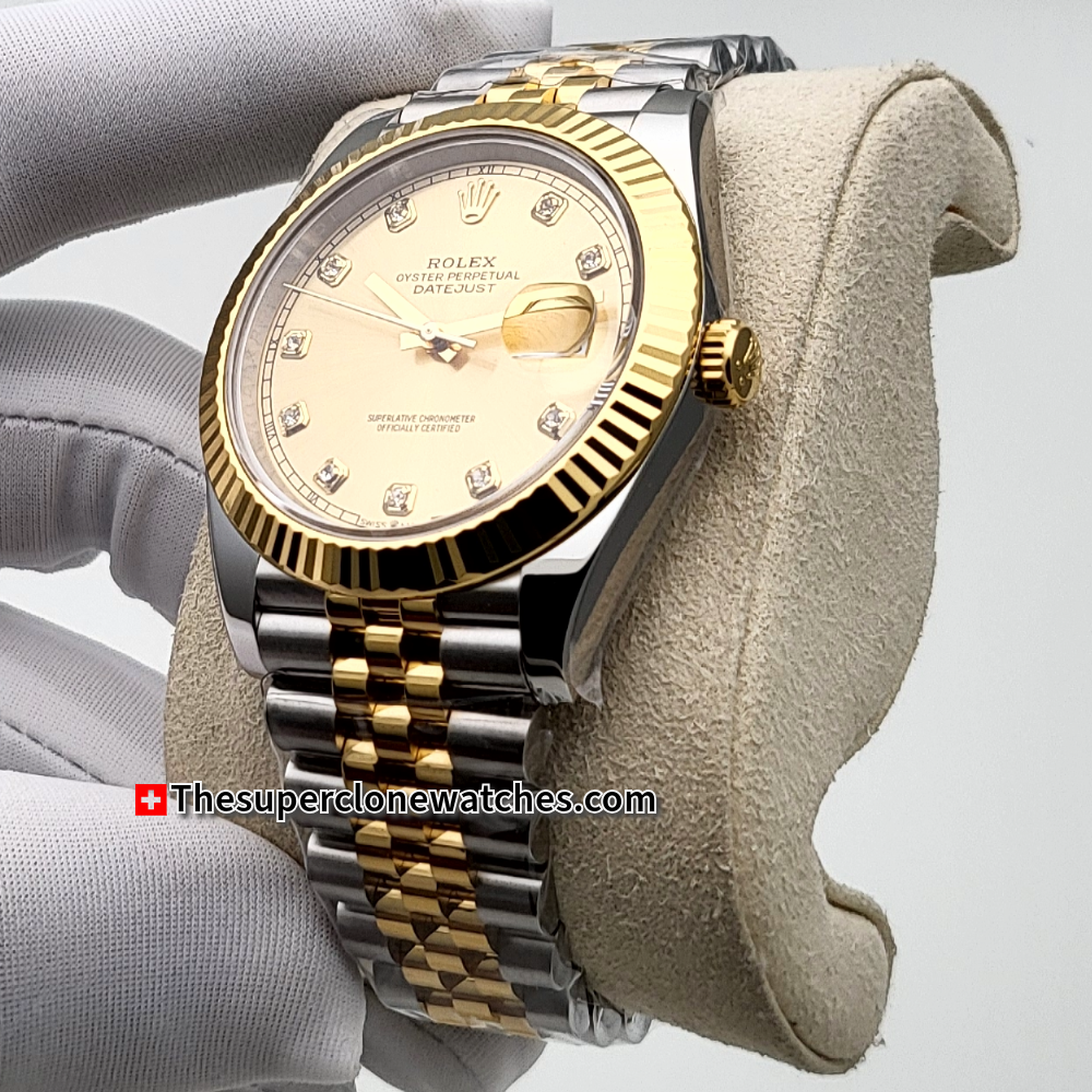 Rolex Datejust Oystersteel and Yellow Gold Champagne-Colour with Diamonds Set Dial Exact 1:1 Super Clone 3235 Swiss Movement Replica Watch Ref-126333