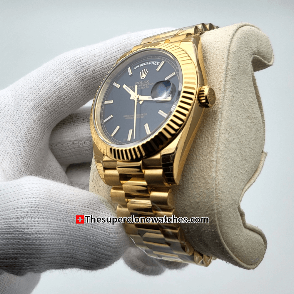 Rolex Day-Date 18kt Yellow Gold Bright Black Dial Exact 1:1 Super Clone 3255 Swiss Movement Replica Watch Ref-228238