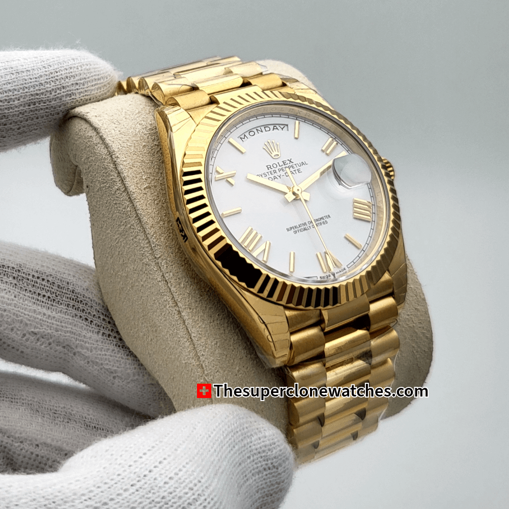 Rolex Day-Date 18kt Yellow Gold White Dial Exact 1:1 Super Clone 3255 Swiss Movement Replica Watch Ref-228238