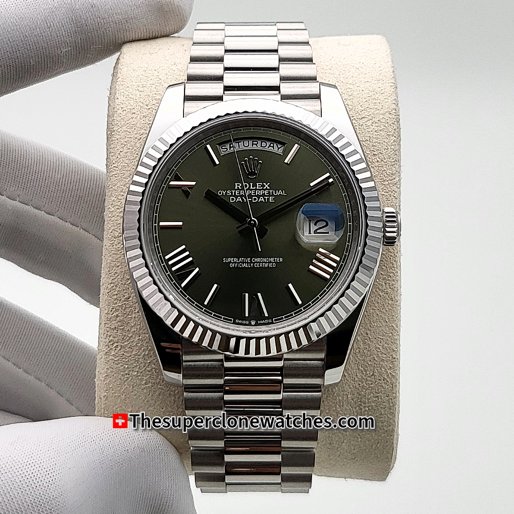 Rolex Day-Date Oyster Platinum Olive Green Dial Exact 1:1 Super Clone 3255 Swiss Movement Replica Watch Ref-228236