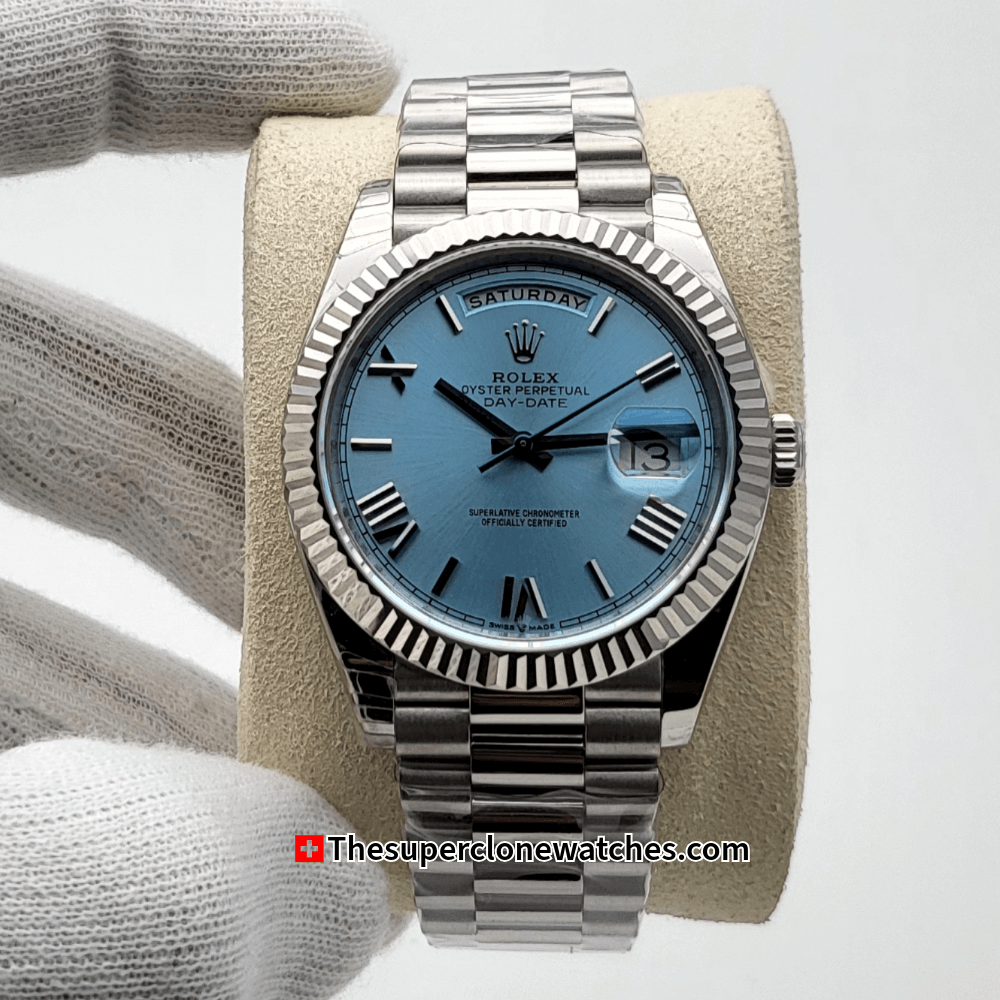 Rolex Day-Date Platinum Ice Blue Dial Exact 1:1 Super Clone 3255 Swiss Movement Replica Watch Ref-228236
