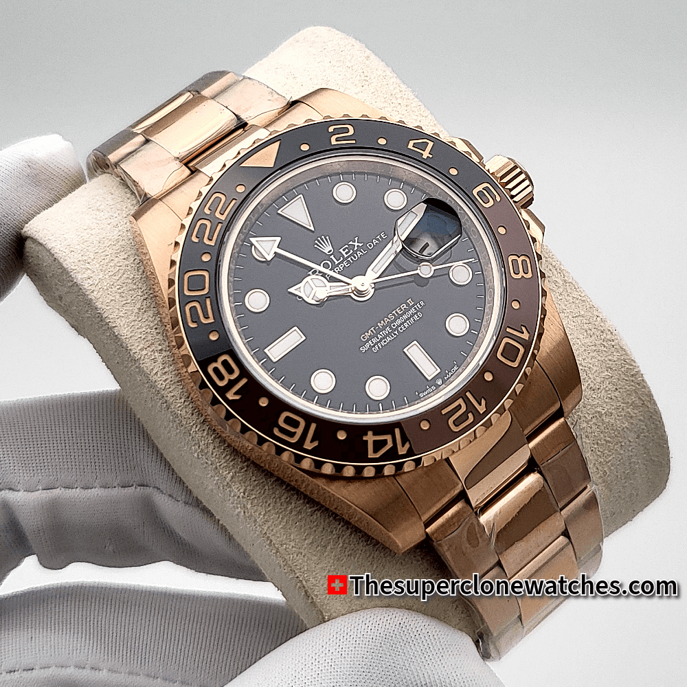 Rolex GMT Master II Everose Gold Exact 1:1 Super Clone 3285 Swiss Movement Replica Watch Ref-126715CHNR