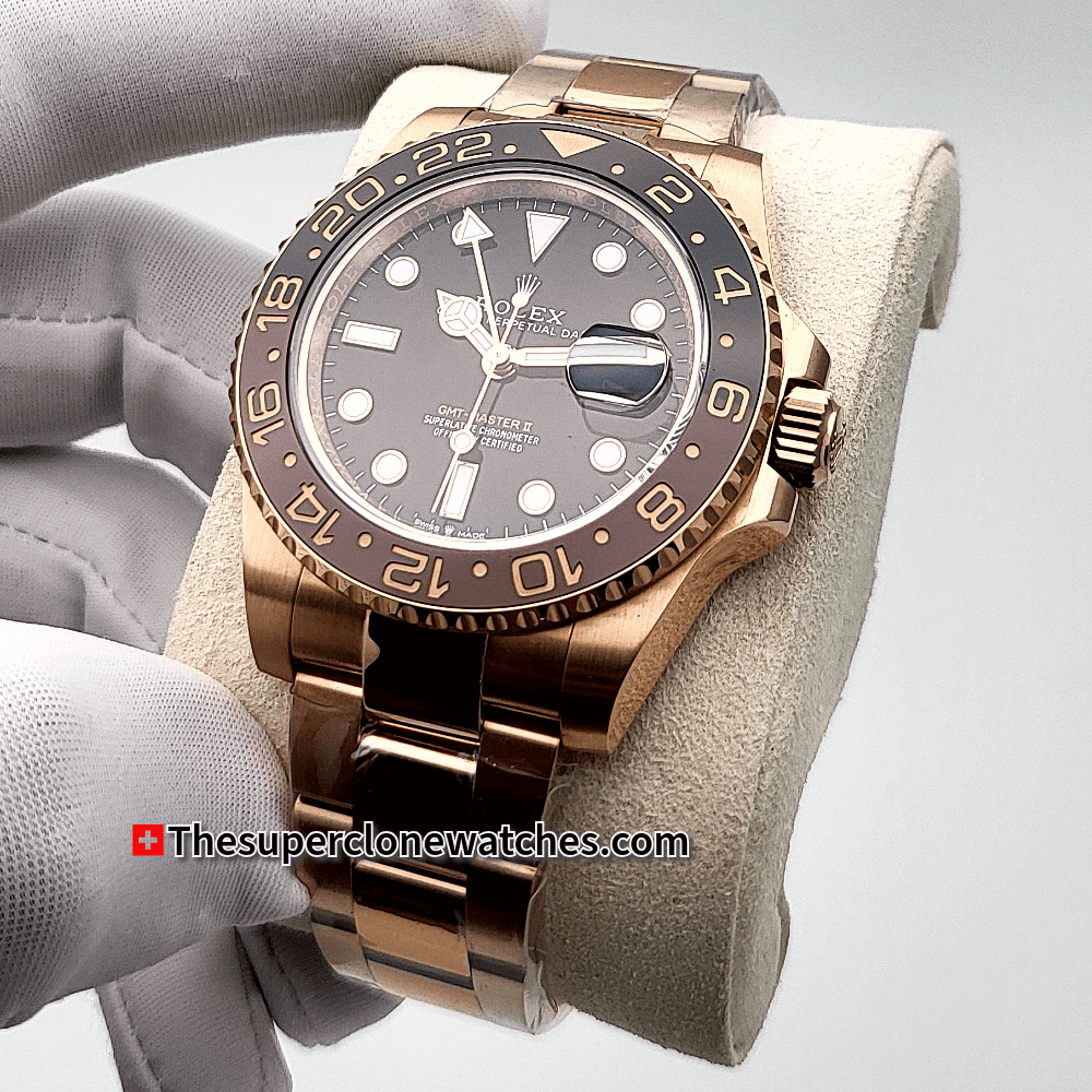 Rolex GMT Master II Everose Gold Exact 1:1 Super Clone 3285 Swiss Movement Replica Watch Ref-126715CHNR