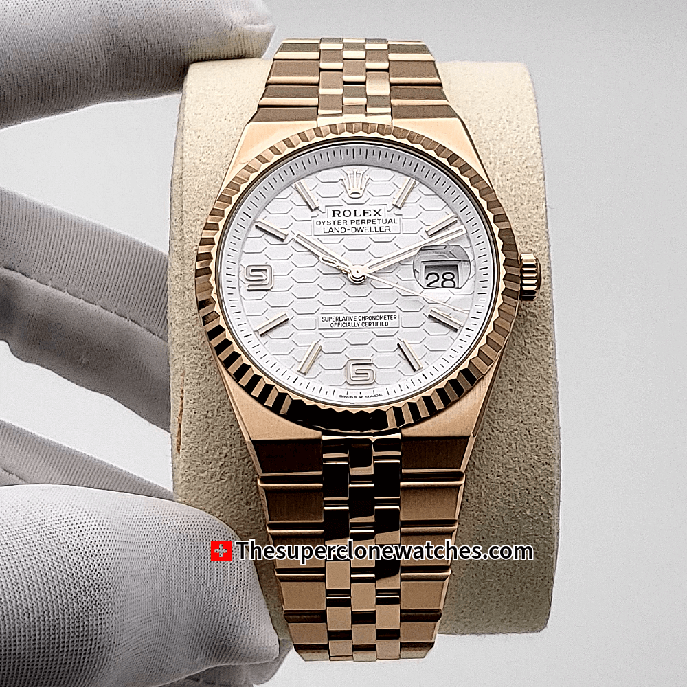 Rolex Land-Dweller 40mm Everose Gold White Honeycomb Motif Dial Exact 1:1 Super Clone 7135 Swiss Movement Replica Watch Ref-127335