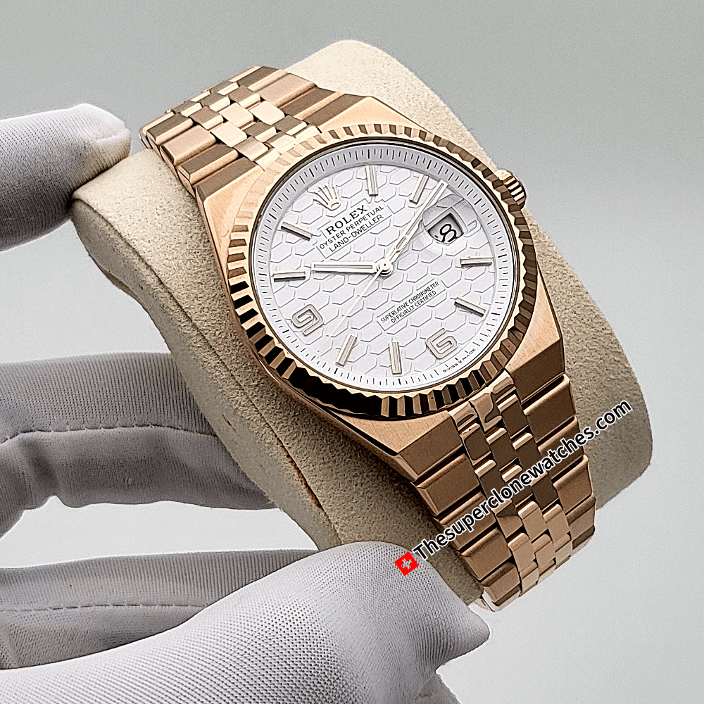 Rolex Land-Dweller 40mm Everose Gold White Honeycomb Motif Dial Exact 1:1 Super Clone 7135 Swiss Movement Replica Watch Ref-127335