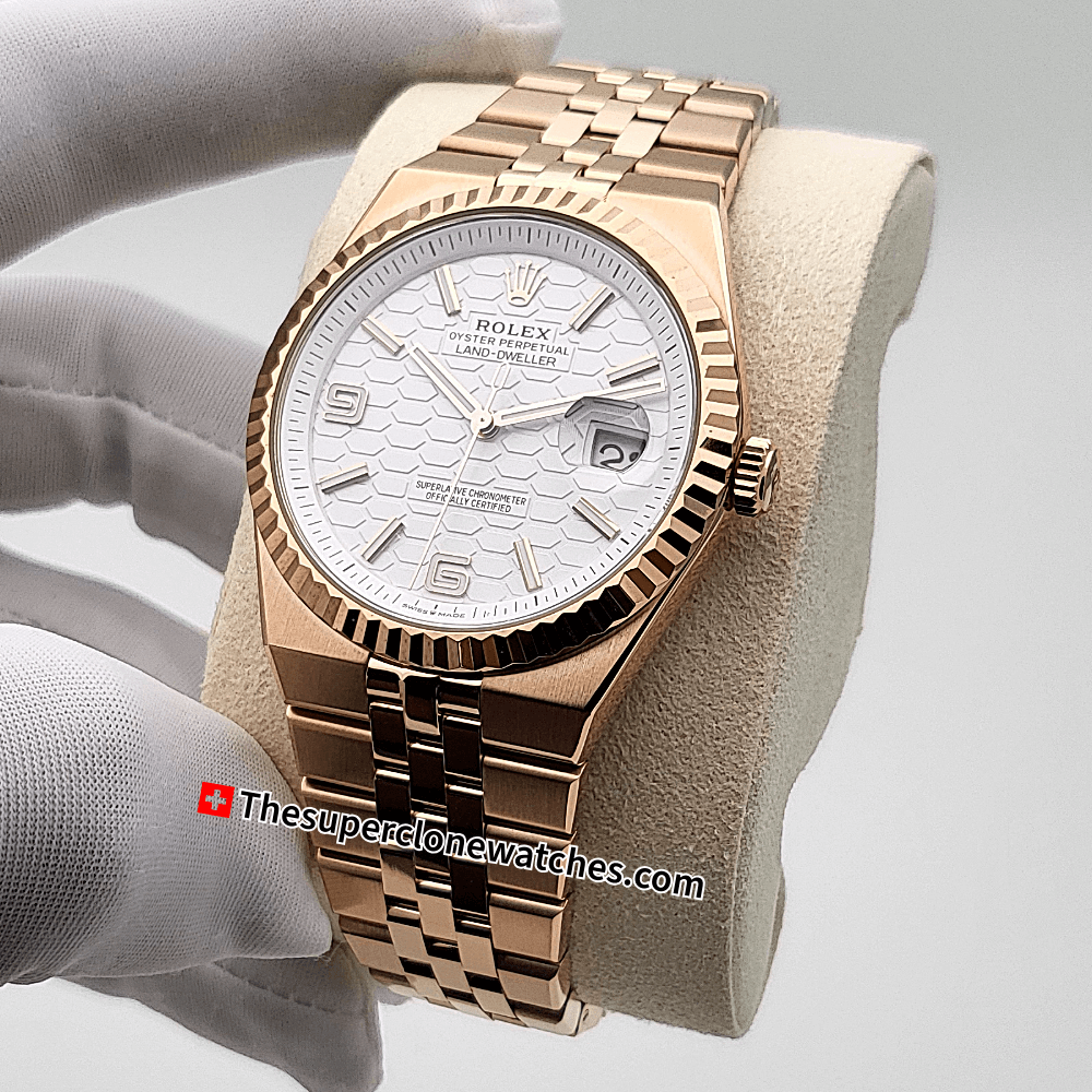 Rolex Land-Dweller 40mm Everose Gold White Honeycomb Motif Dial Exact 1:1 Super Clone 7135 Swiss Movement Replica Watch Ref-127335
