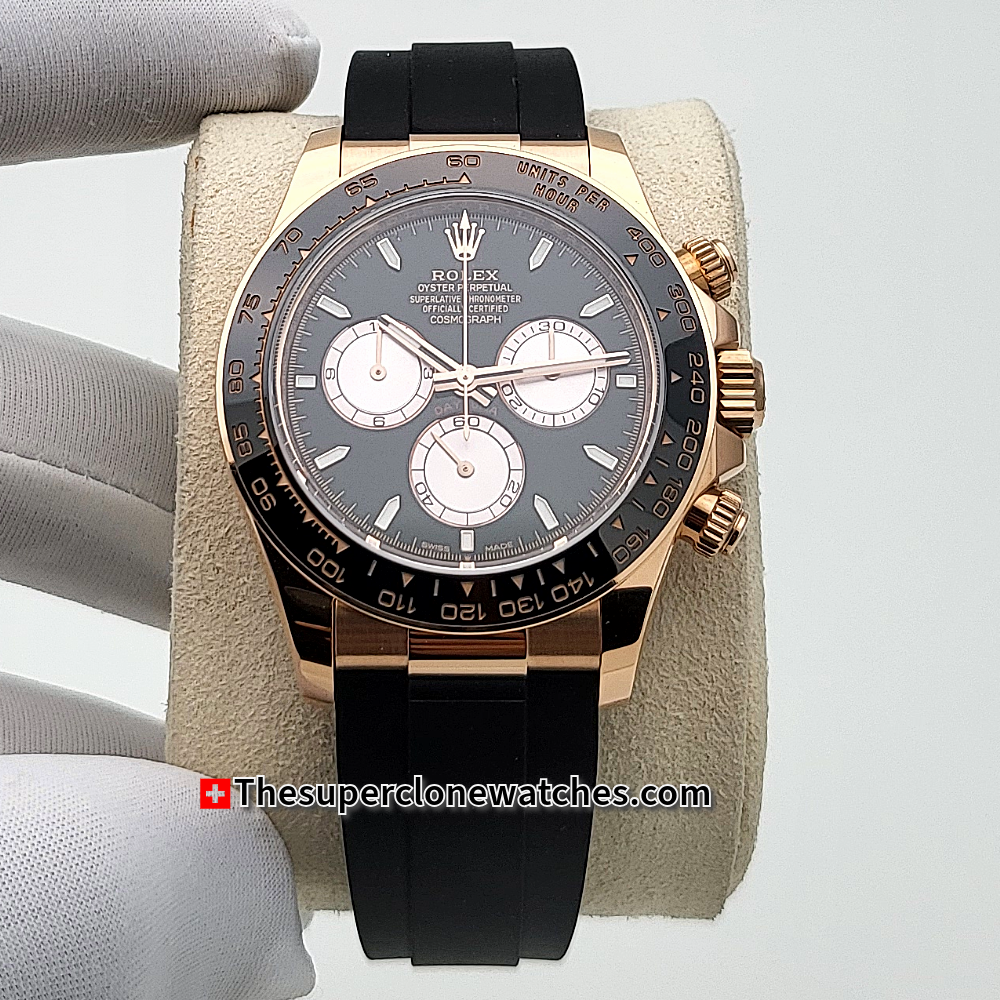 Rolex Cosmograph Daytona 18kt Everose Gold Oysterflex Bright Black and Sundust Dial Exact 1:1 Super Clone 4131 Swiss Movement Replica Watch Ref-126515LN