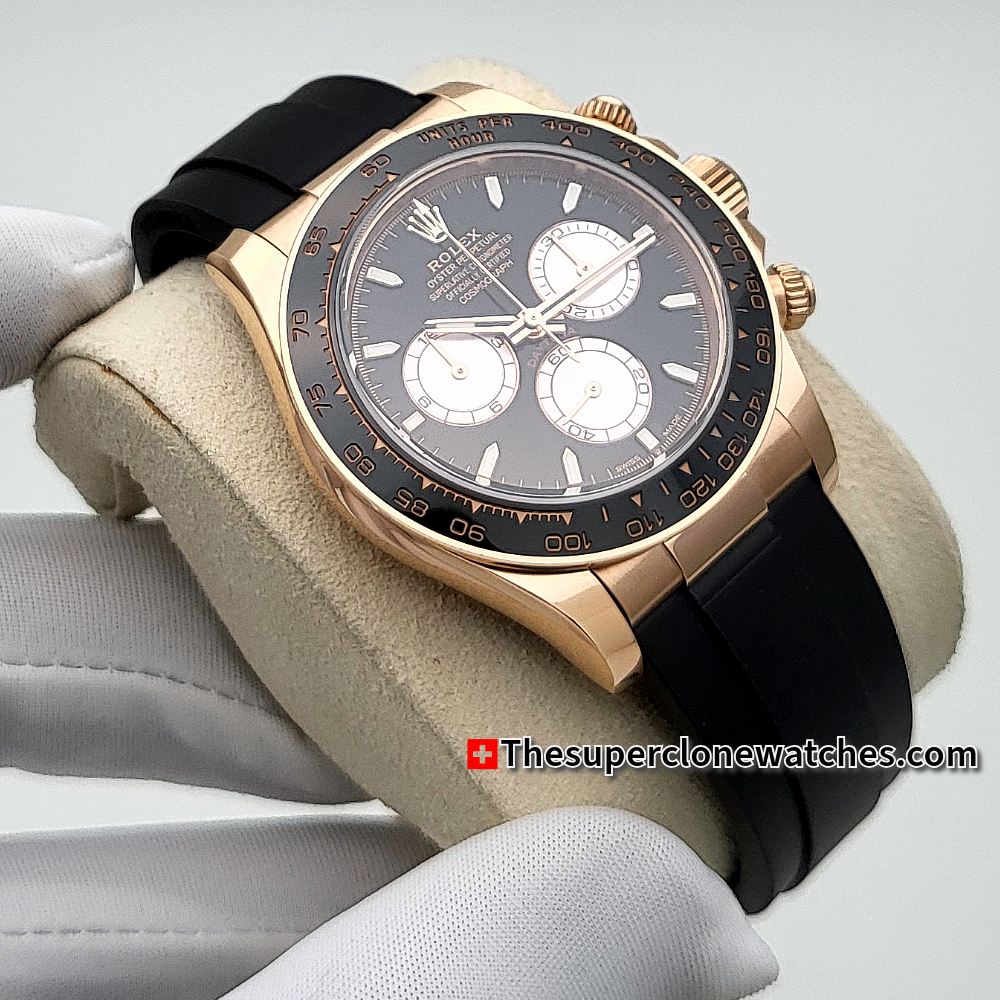 Rolex Cosmograph Daytona 18kt Everose Gold Oysterflex Bright Black and Sundust Dial Exact 1:1 Super Clone 4131 Swiss Movement Replica Watch Ref-126515LN