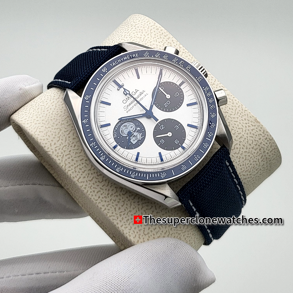 Omega Speedmaster Anniversary Series Silver Snoopy Award” 50th Anniversary 42mm Steel on Coated Nylon Fabric Strap Exact 1:1 Super Clone 3861 Swiss Movement Replica Watch