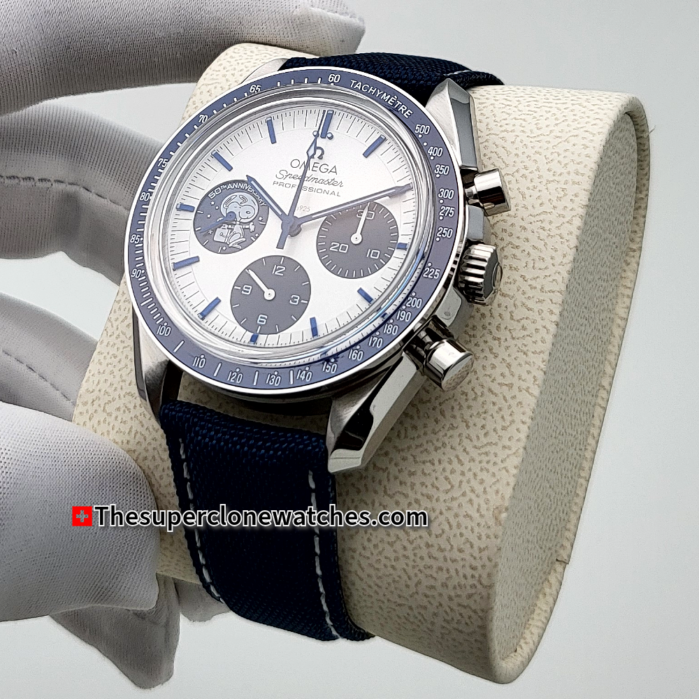 Omega Speedmaster Anniversary Series Silver Snoopy Award” 50th Anniversary 42mm Steel on Coated Nylon Fabric Strap Exact 1:1 Super Clone 3861 Swiss Movement Replica Watch