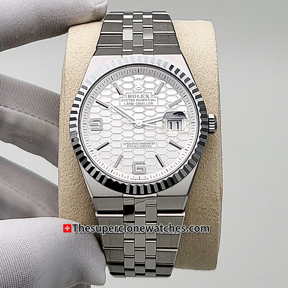 Rolex Land-Dweller 40mm Oystersteel and White Gold Intense White Honeycomb Motif Dial Exact 1:1 Super Clone 7135 Swiss Movement Replica Watch Ref-127334