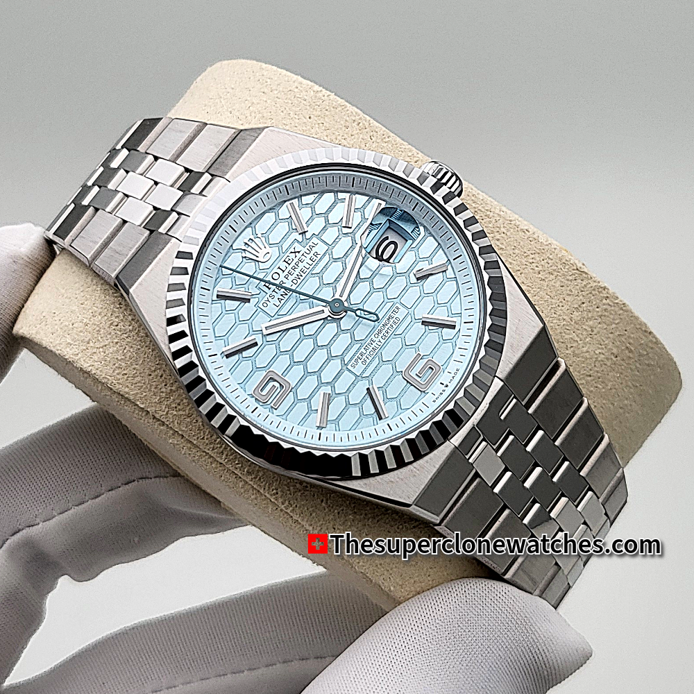 Rolex Land-Dweller 40mm Platinum Ice Blue Honeycomb Motif Dial Exact 1:1 Super Clone 7135 Swiss Movement Replica Watch Ref-127336