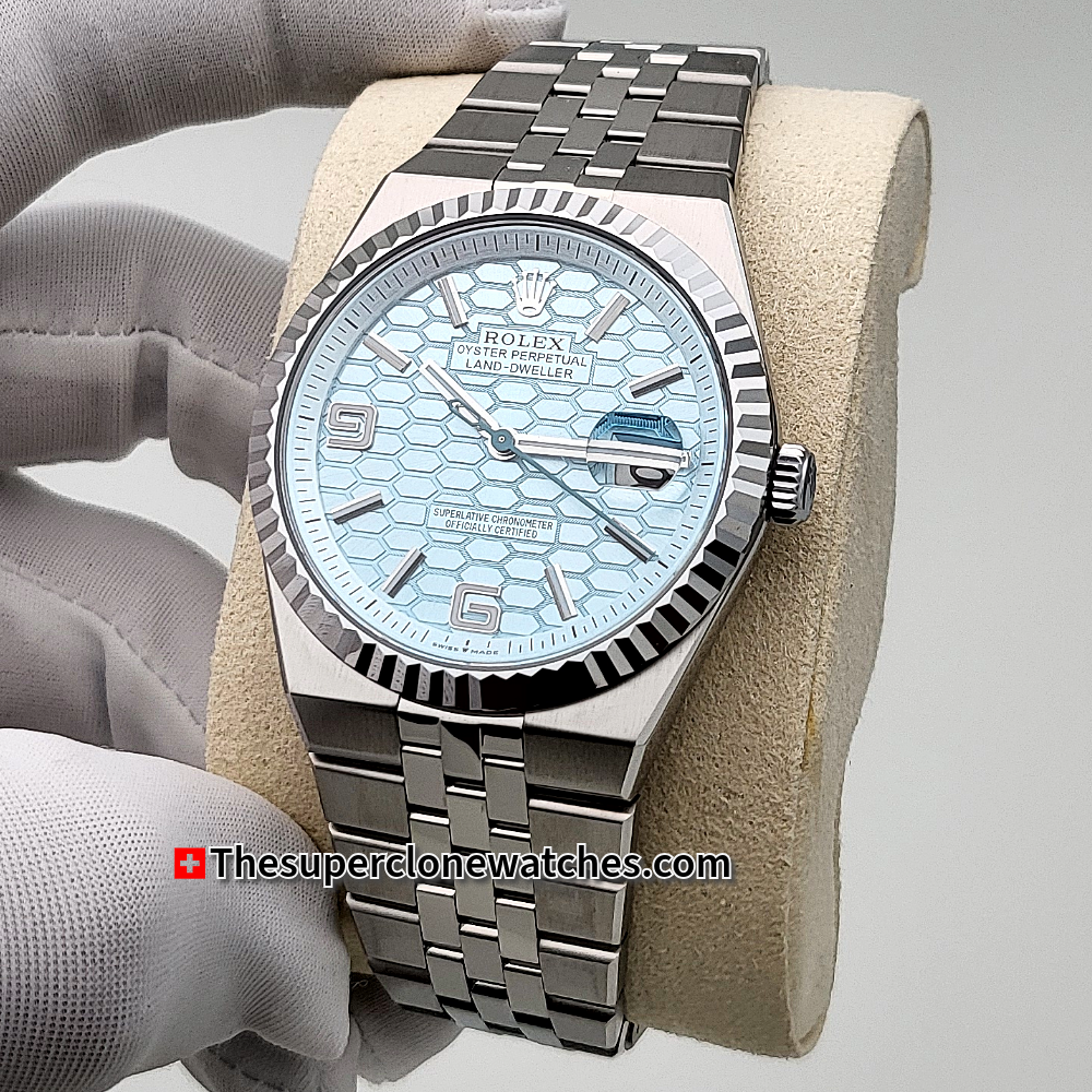 Rolex Land-Dweller 40mm Platinum Ice Blue Honeycomb Motif Dial Exact 1:1 Super Clone 7135 Swiss Movement Replica Watch Ref-127336