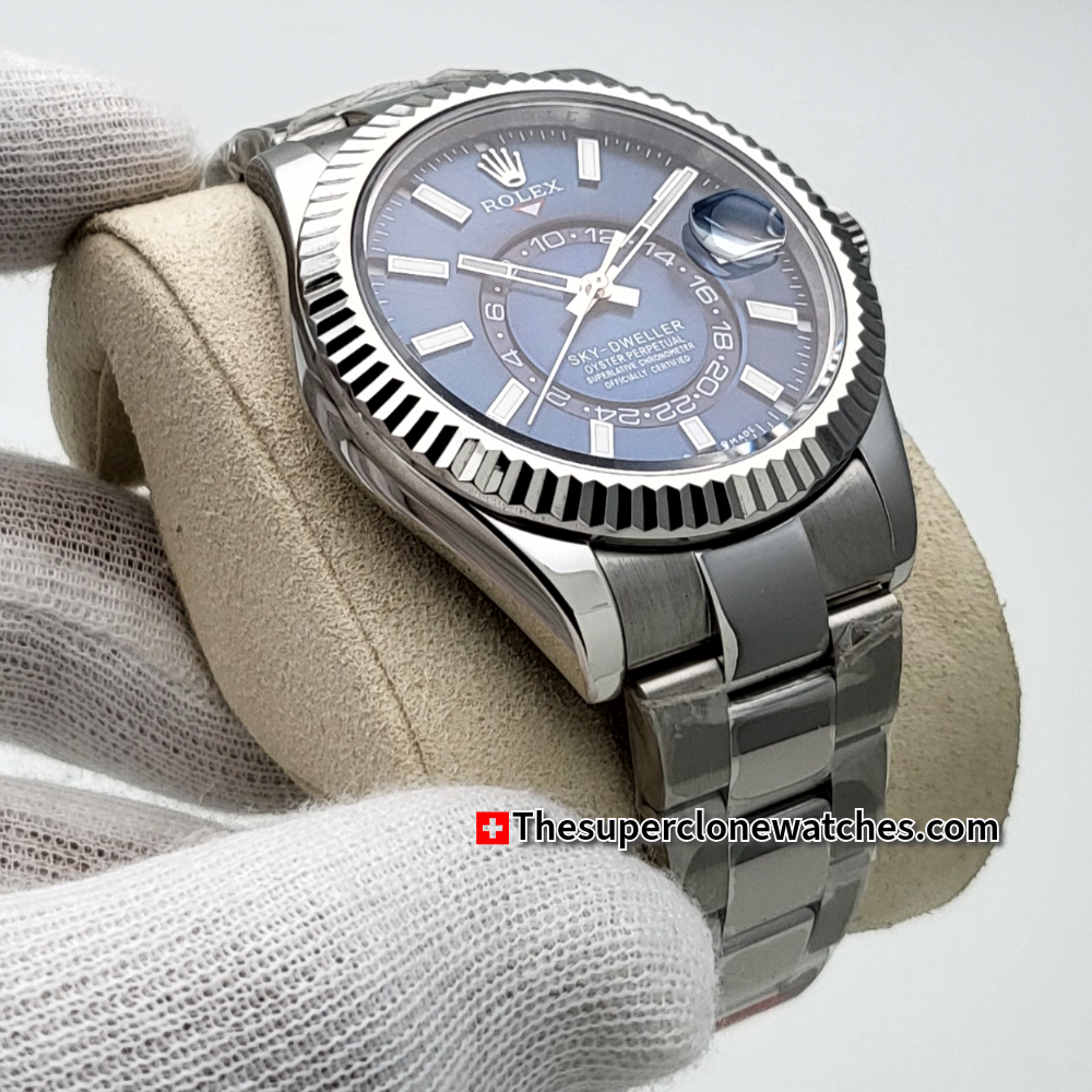 Rolex Sky-Dweller Oystersteel and White Gold Bright Blue Dial Exact 1:1 Super Clone 9002 Swiss Movement Replica Watch Ref-336934