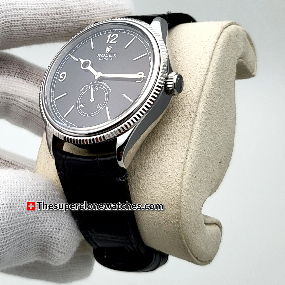Rolex 1908 18kt White Gold Intense Black Dial Alligator Strap Exact 1:1 Super Clone 7140 Swiss Movement Replica Watch Ref-52509