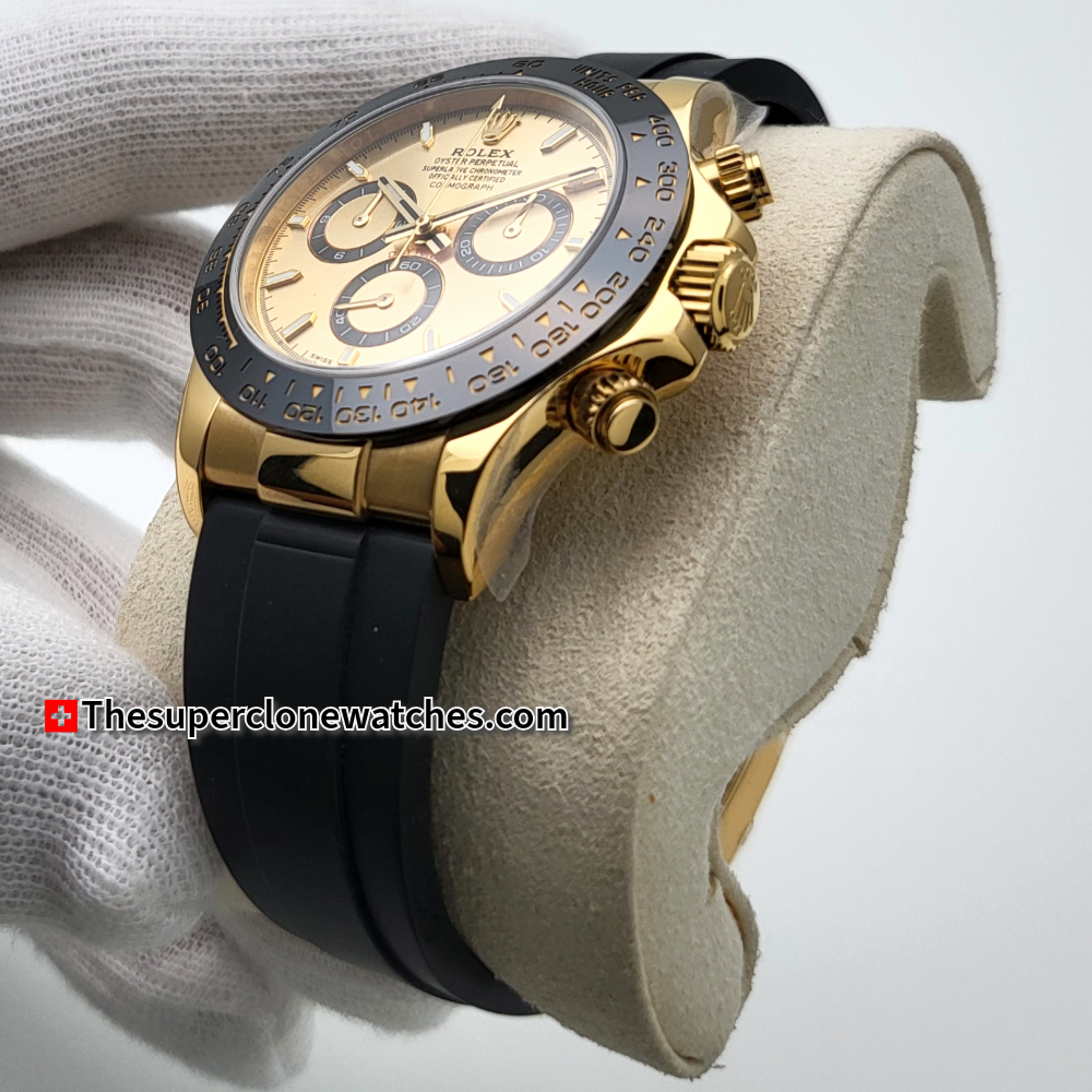 Rolex Cosmograph Daytona 18kt Yellow Gold Oysterflex Golden Dial Exact 1:1 Super Clone 4131 Swiss Movement Replica Watch Ref-126518LN