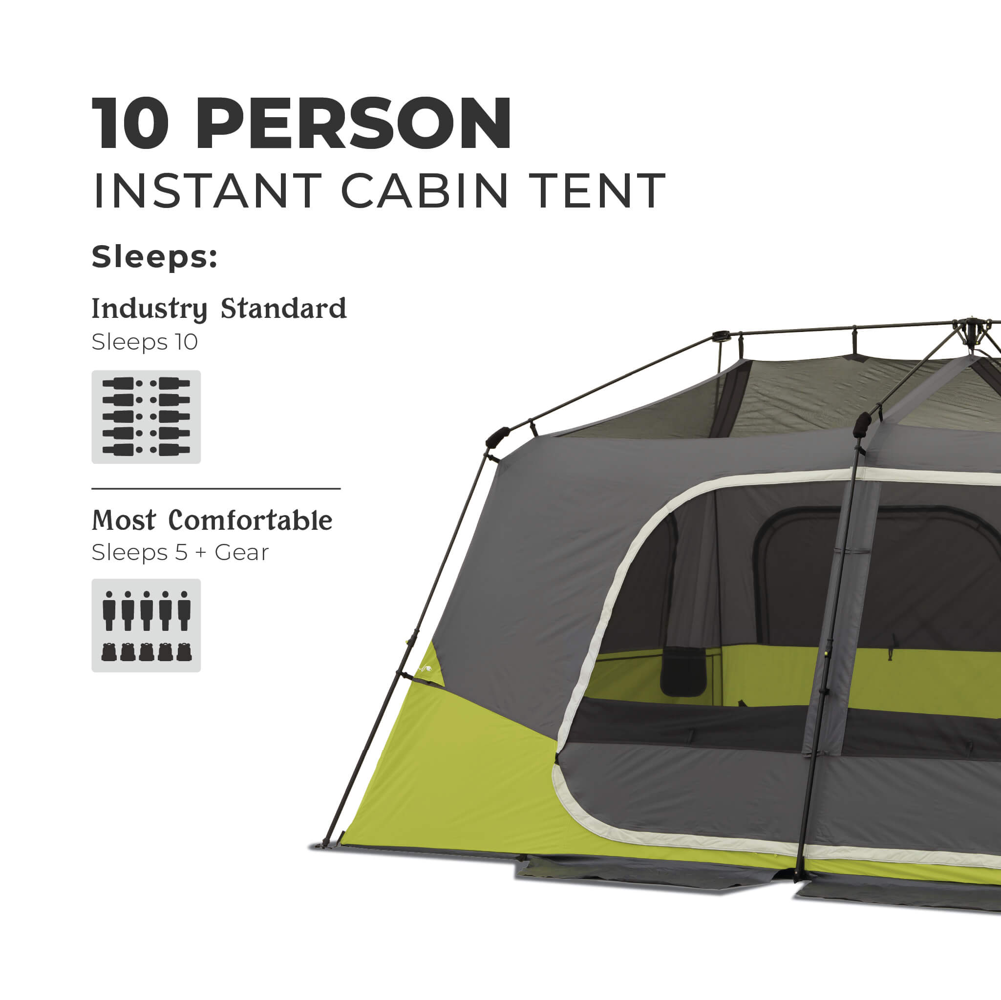 CORE 10 person instant cabin tent weather protection features with sealed seams, water-resistant fabric, and full rainfly.