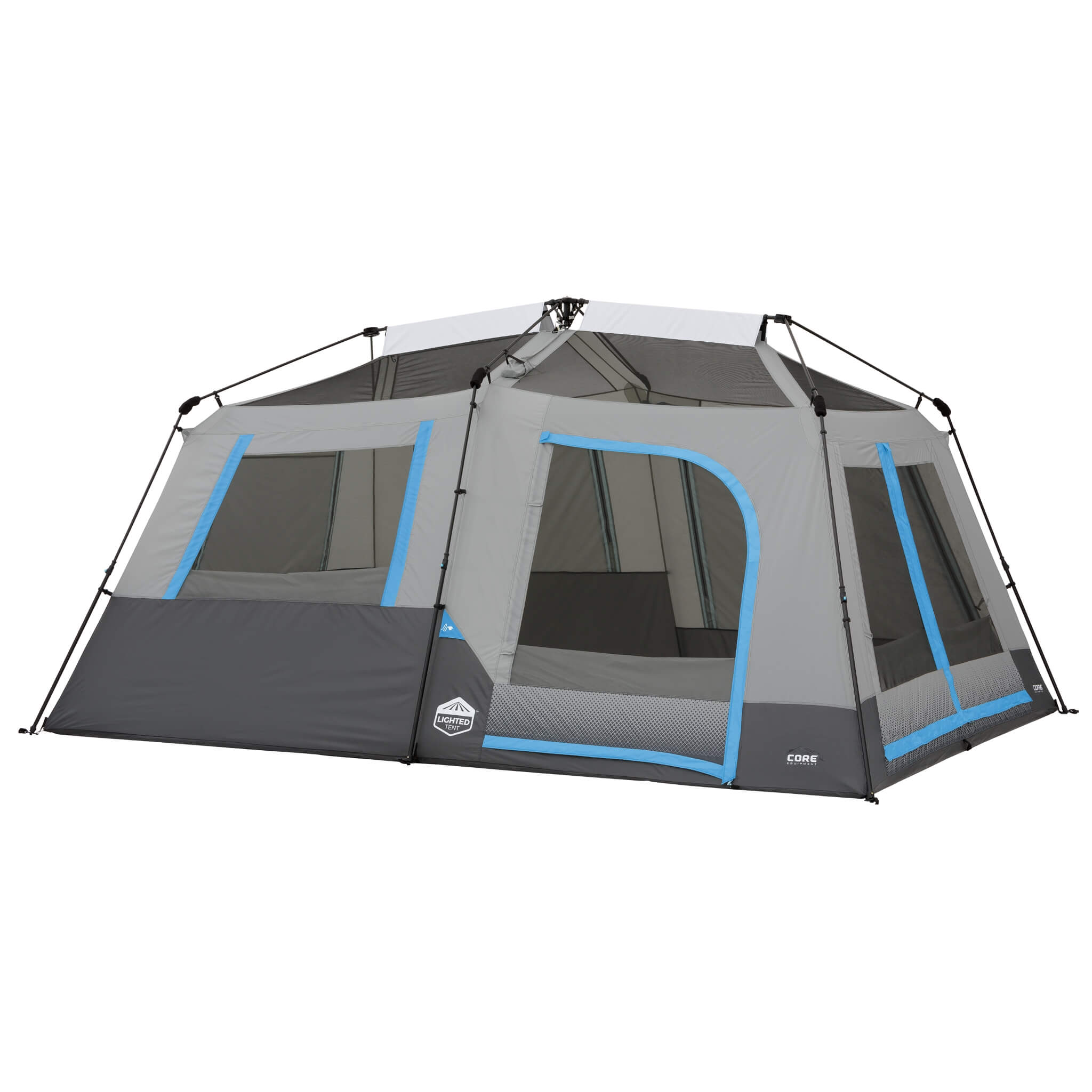 CORE 10 person lighted instant cabin tent in gray and blue angled view, featuring large entry doors and instant setup frame.