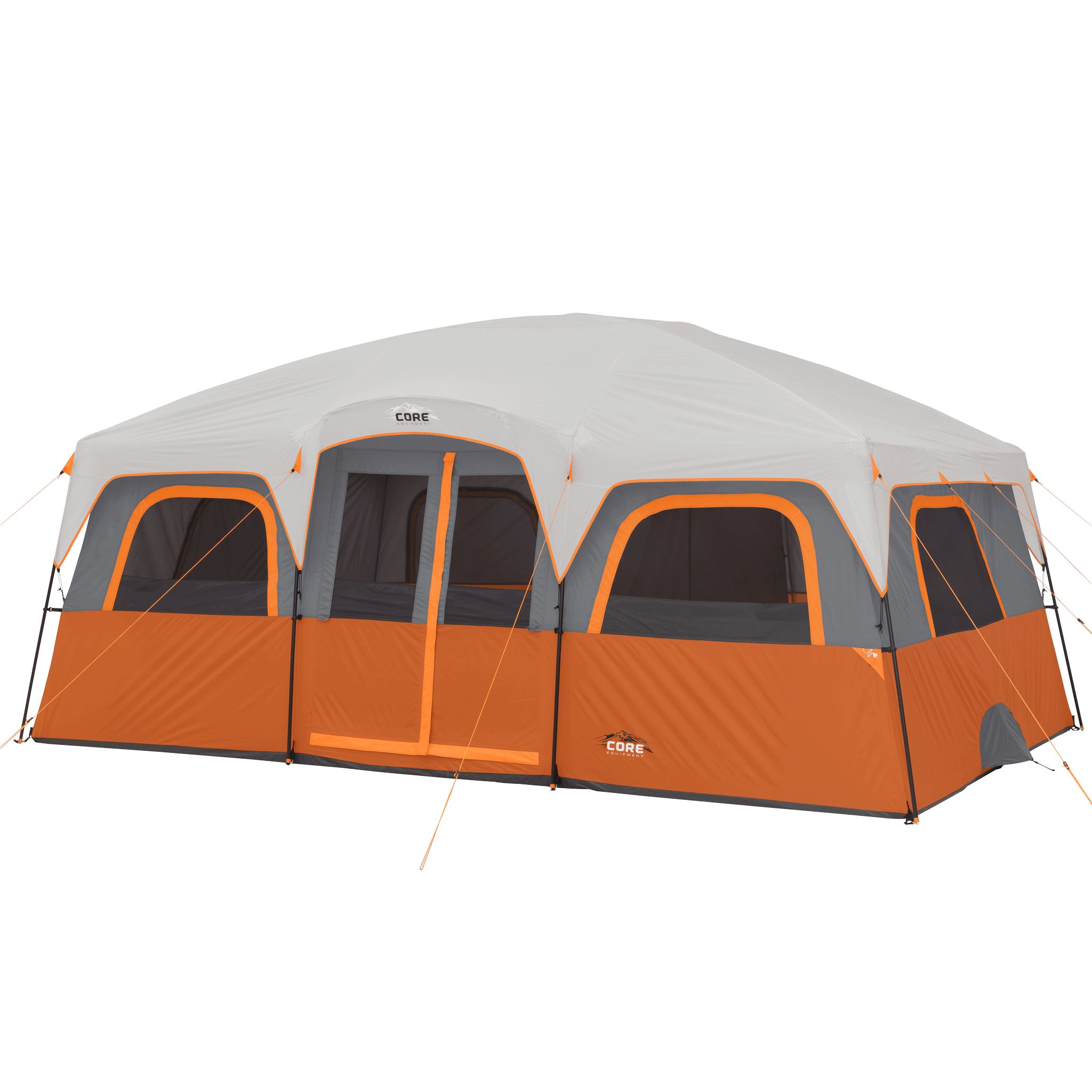 CORE 12 person straight wall cabin tent in orange and gray shown fully set up with large windows and tall standing-height design.