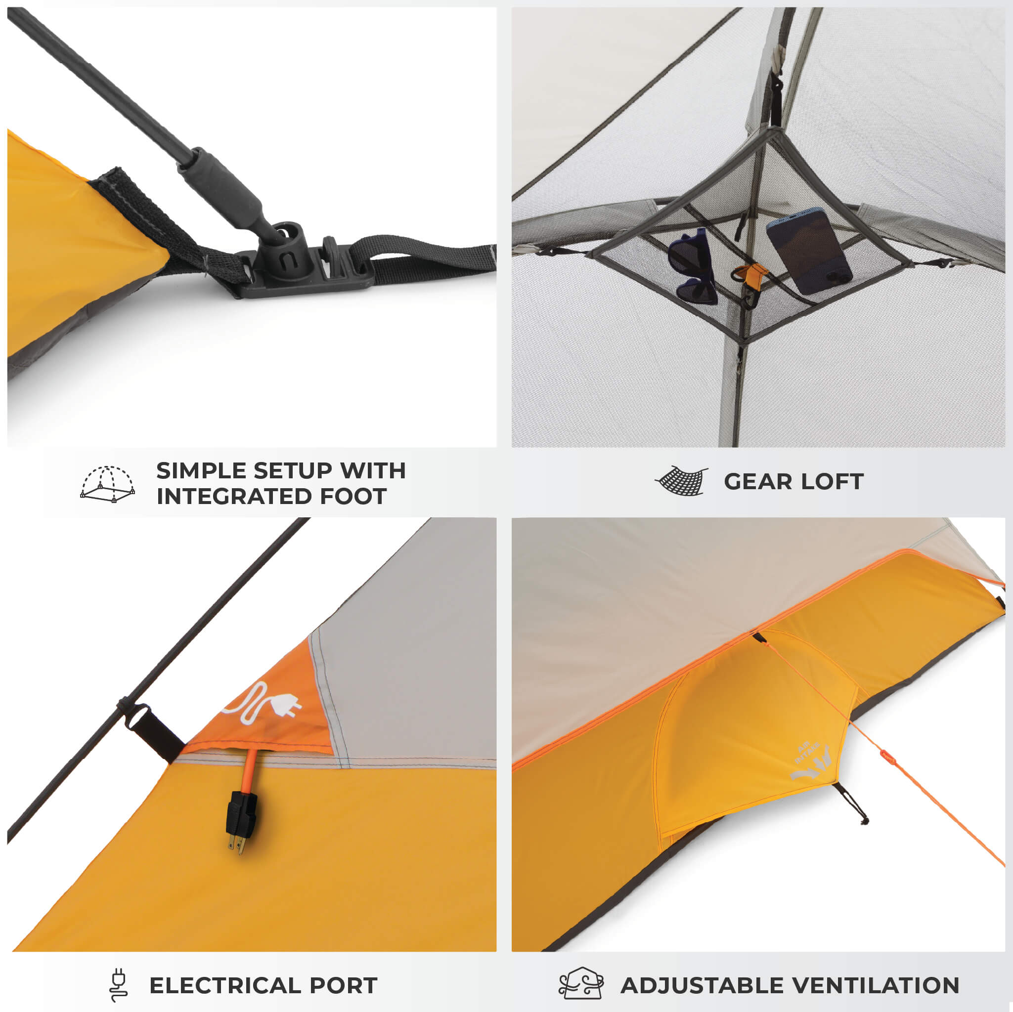 CORE 3 person dome tent features graphic showing simple setup with integrated foot, gear loft, electrical port, and vents.