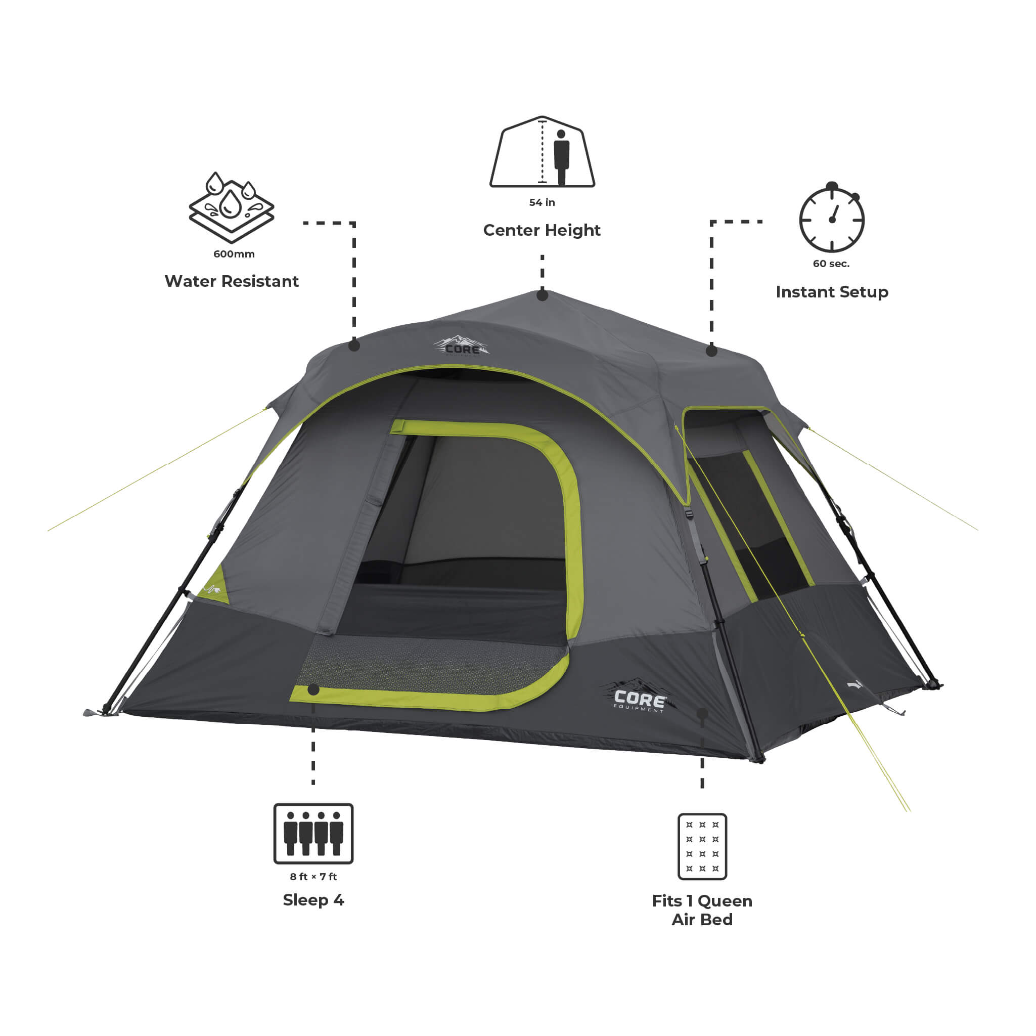 Dimensions of CORE 4 person instant tent shown with 54 in center height, 8 x 7 ft floor, and space for 1 queen air bed.
