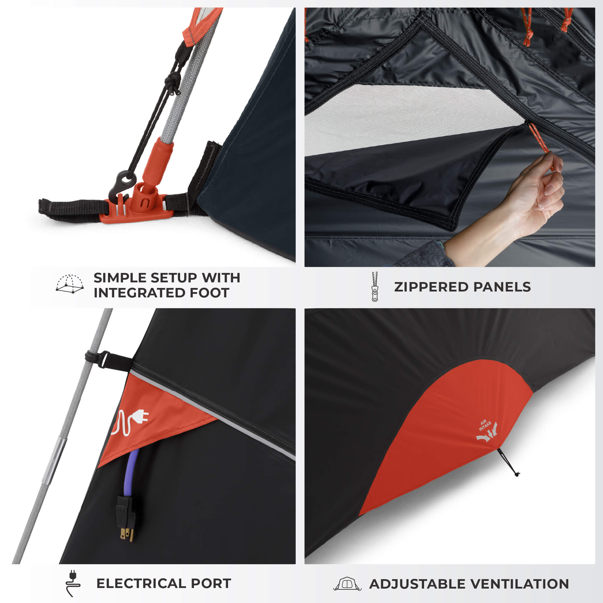 Details of CORE 6 person Blockout dome tent with simple setup foot, zippered panels, adjustable ventilation, and electrical port.