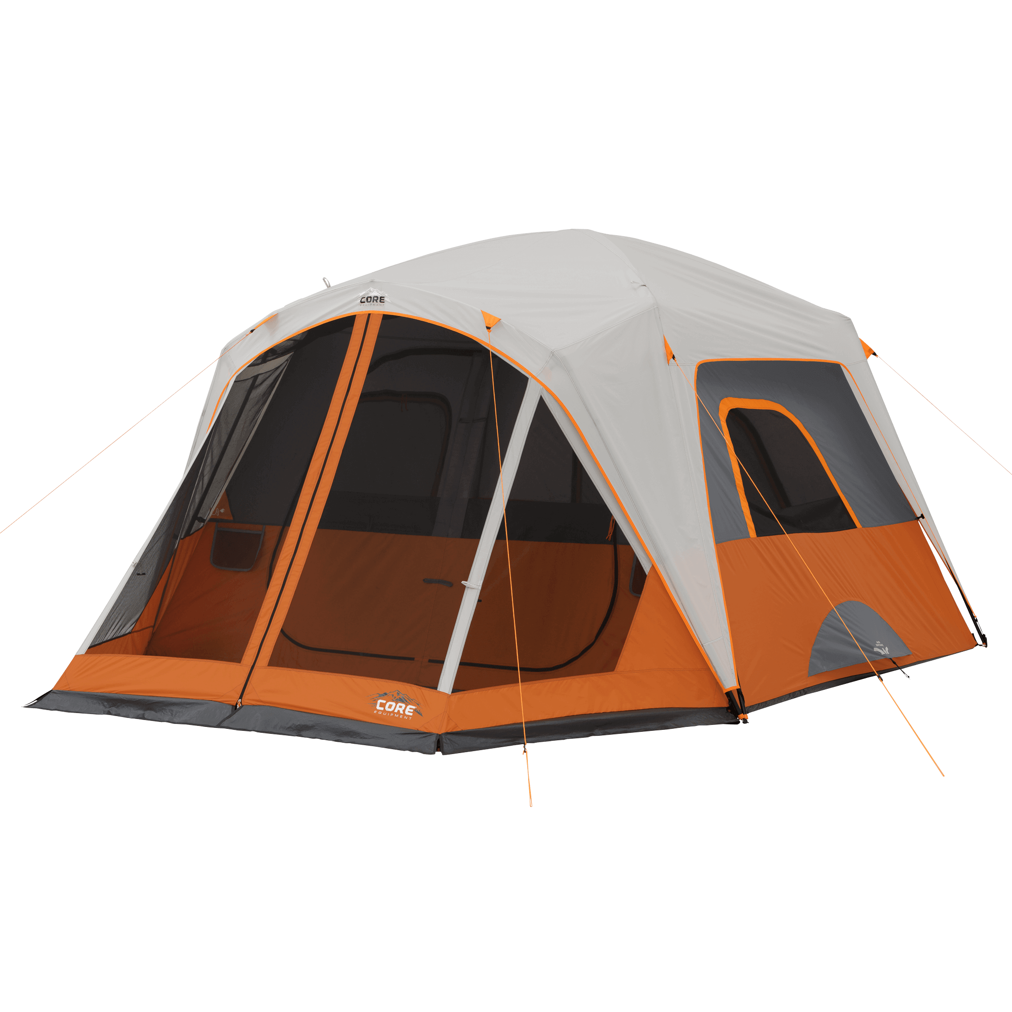 CORE 6 person straight wall cabin tent with screen room in orange and gray shown fully set up with large windows and tall standing-height design.
