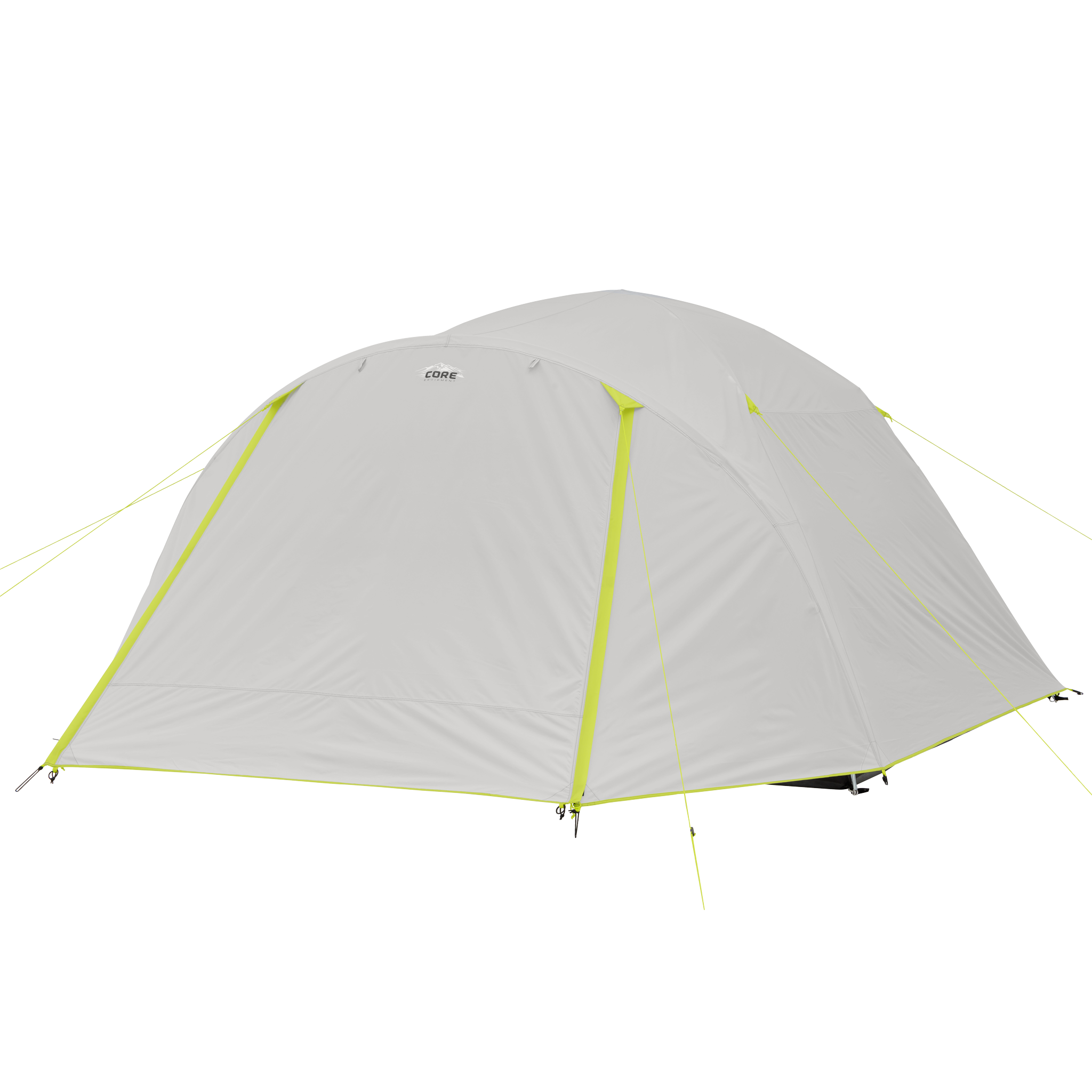 CORE 6 person lighted dome tent with full rainfly in gray and green, weather-resistant design for reliable camping protection.