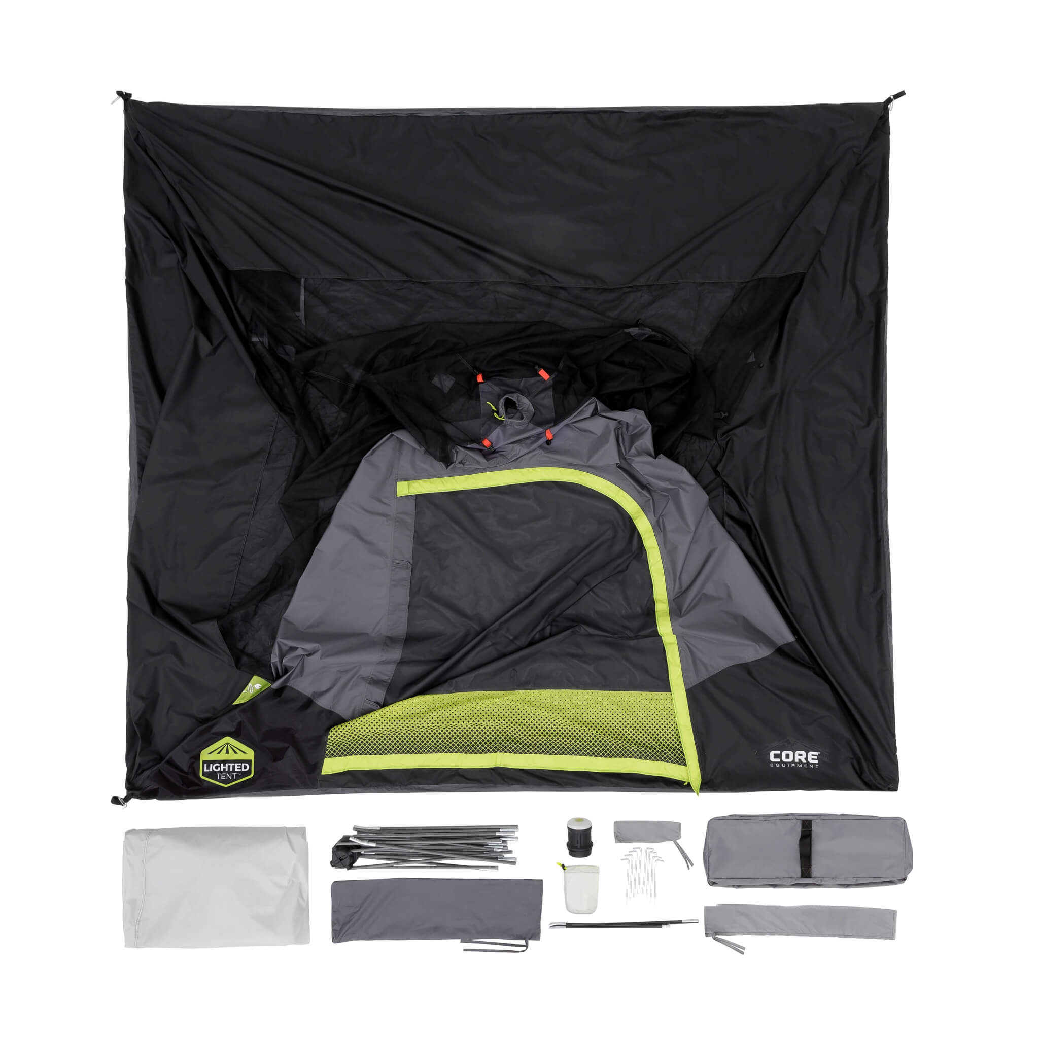 CORE 6 person lighted dome tent with full rainfly shown unpacked with tent body, rainfly, poles, stakes, and carry bag included.