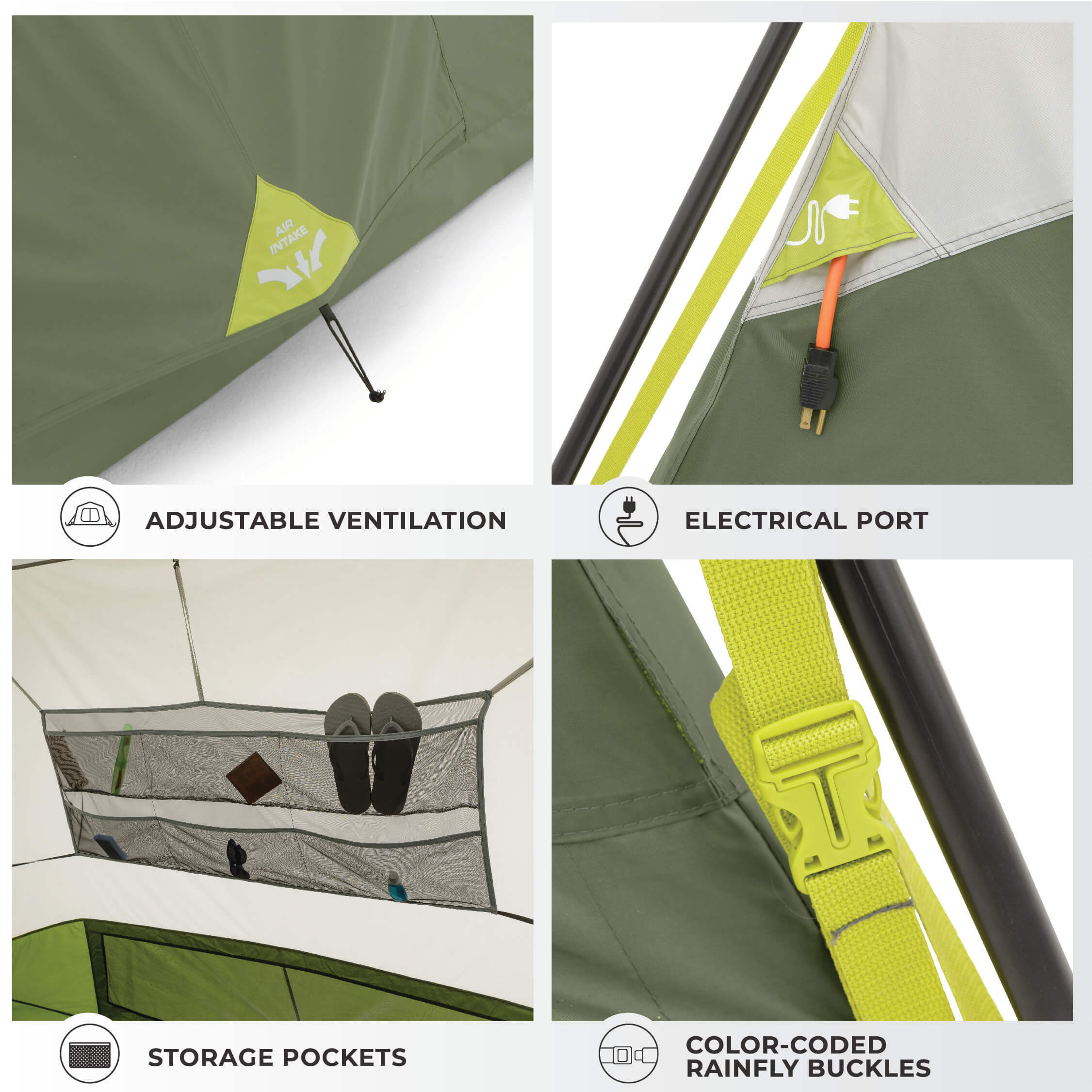 Collage of features including adjustable ventilation, electrical port, storage pockets, and color-coded rainfly buckles on a tent.