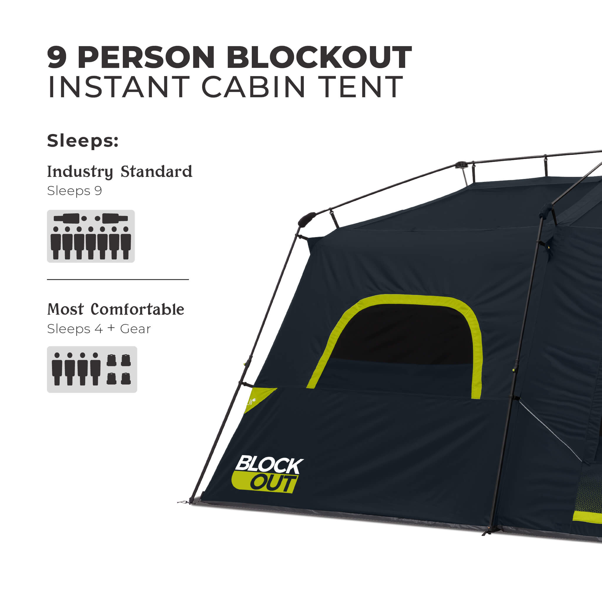 CORE 9 person Blockout instant tent capacity graphic showing industry standard sleeps 9 and most comfortable fit for 4 plus gear.