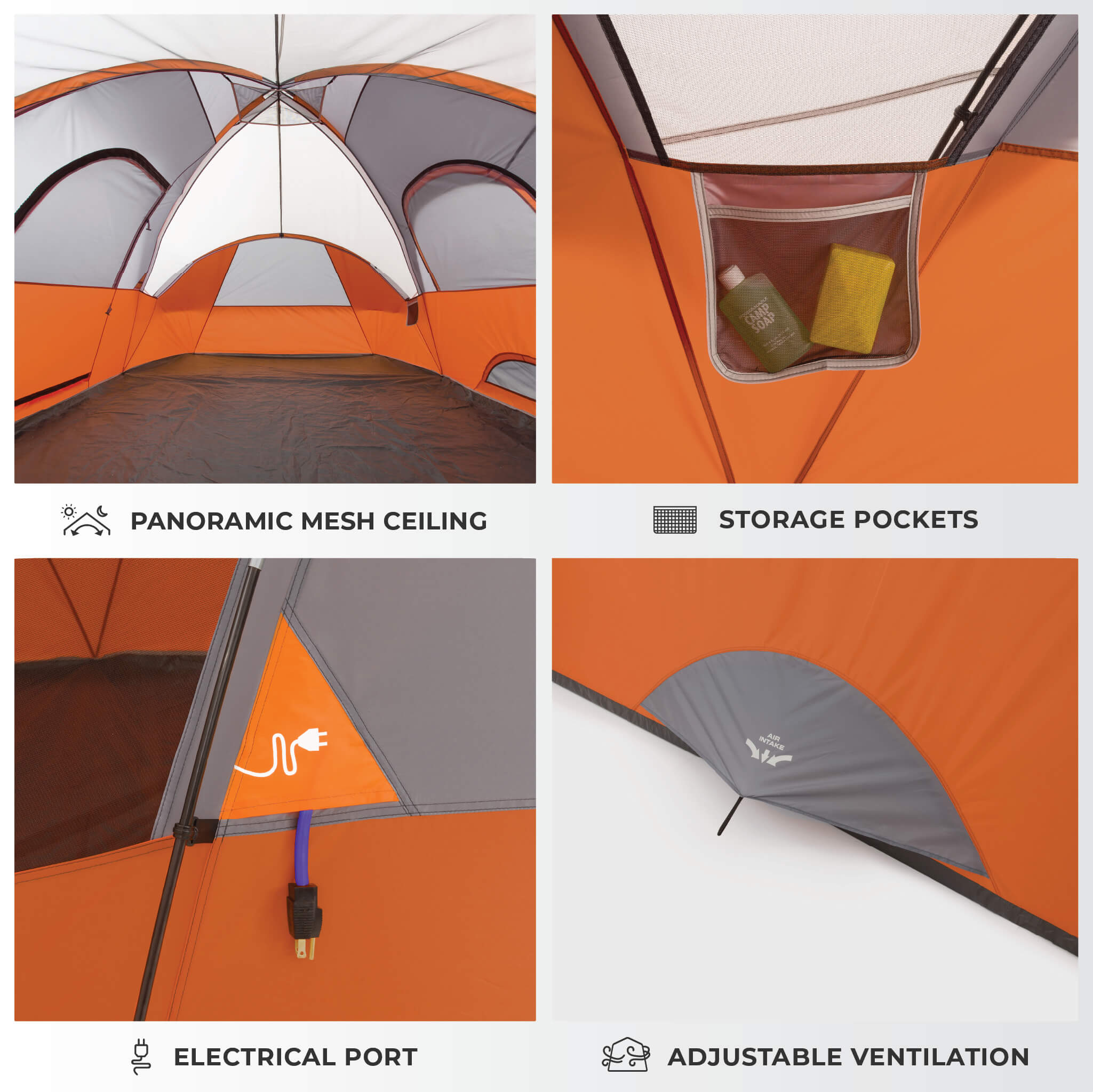 CORE 9 person extended dome tent interior details showing mesh ceiling, storage pockets, adjustable ventilation, and electrical port.