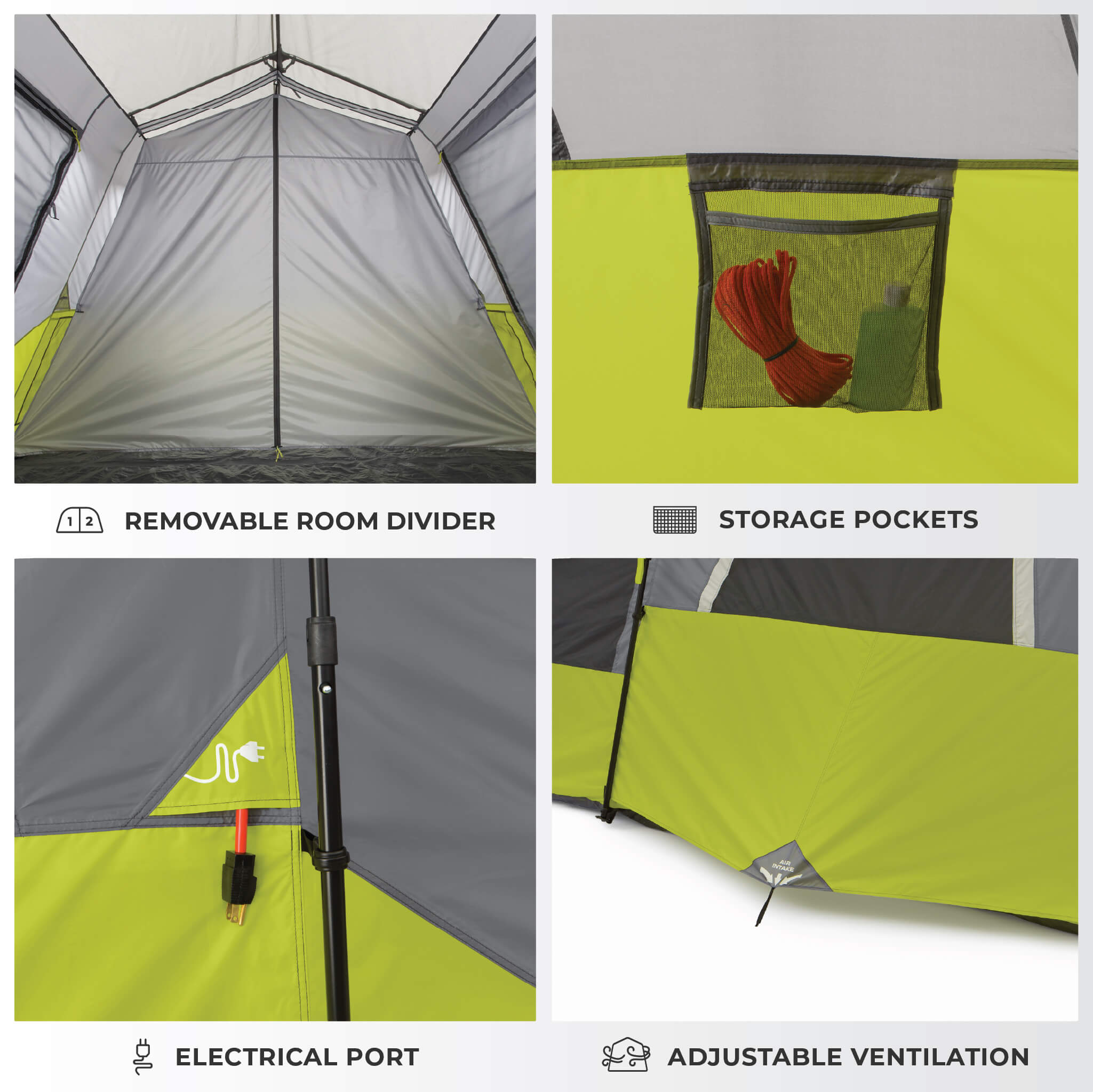 Image shows tent features labeled: Removable Room Divider, Storage Pockets, Electrical Port, and Adjustable Ventilation.
