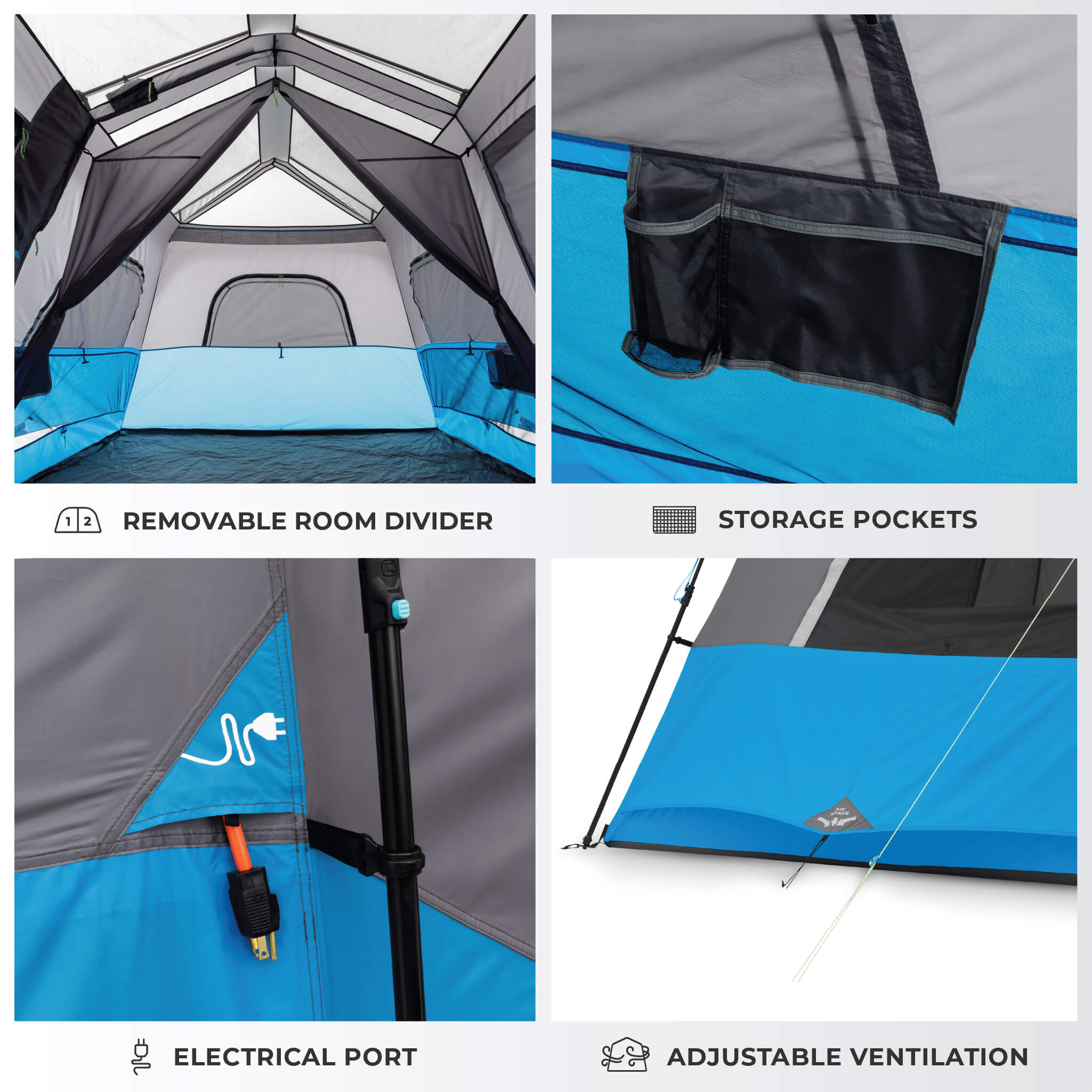 Image shows tent features labeled: Removable Room Divider, Storage Pockets, Electrical Port, and Adjustable Ventilation.