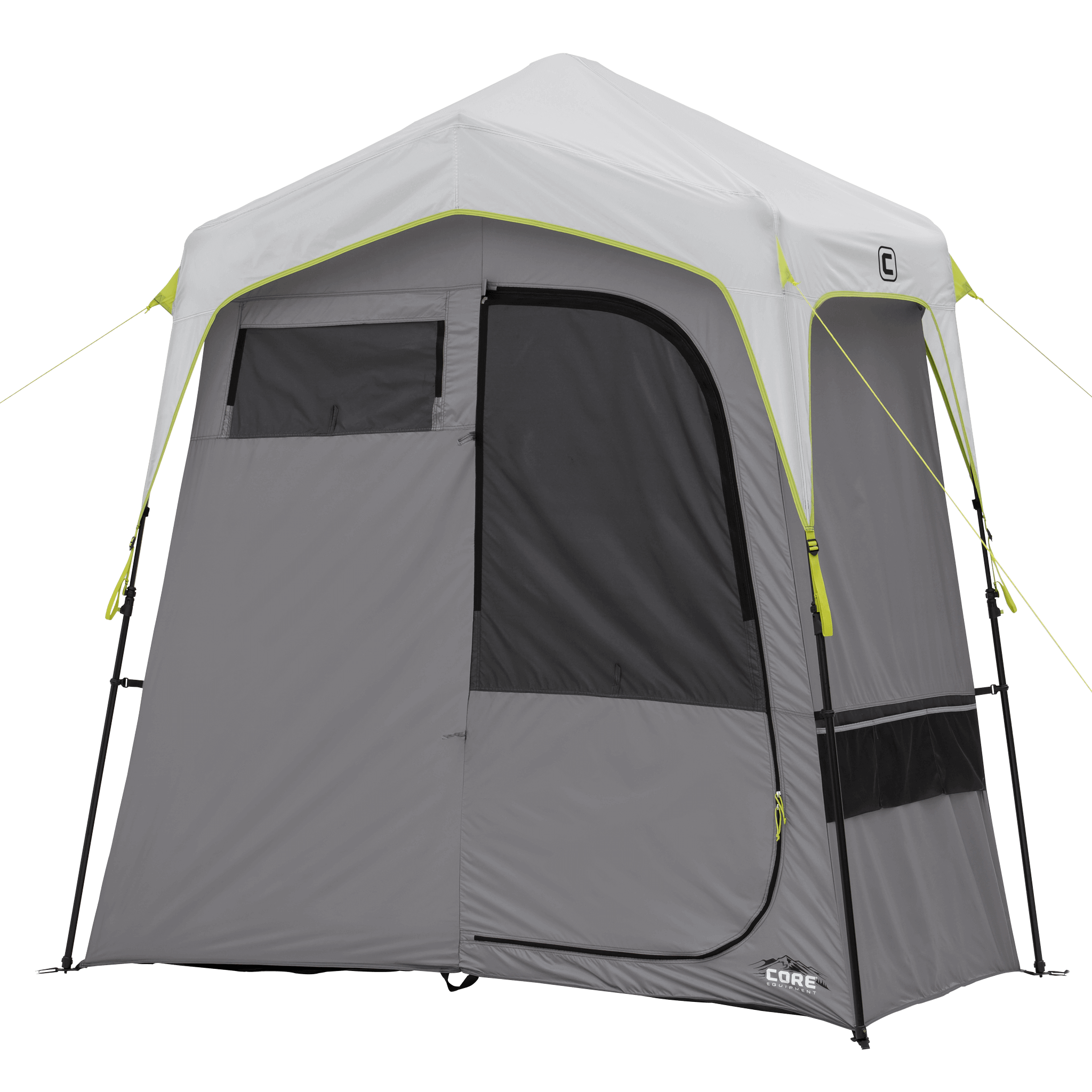 CORE instant shower tent in gray and green, featuring water-resistant fabric, mesh roof panels, and quick setup frame design.
