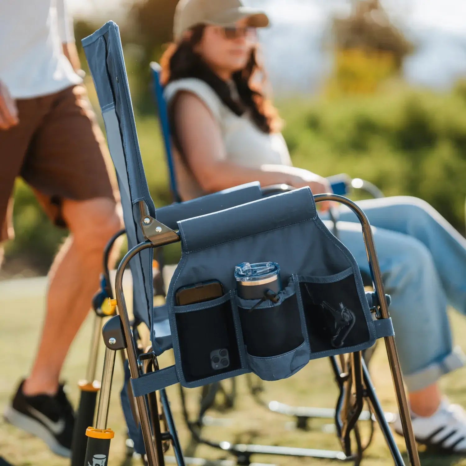 Side pocket caddy of denim stowaway rocker. 