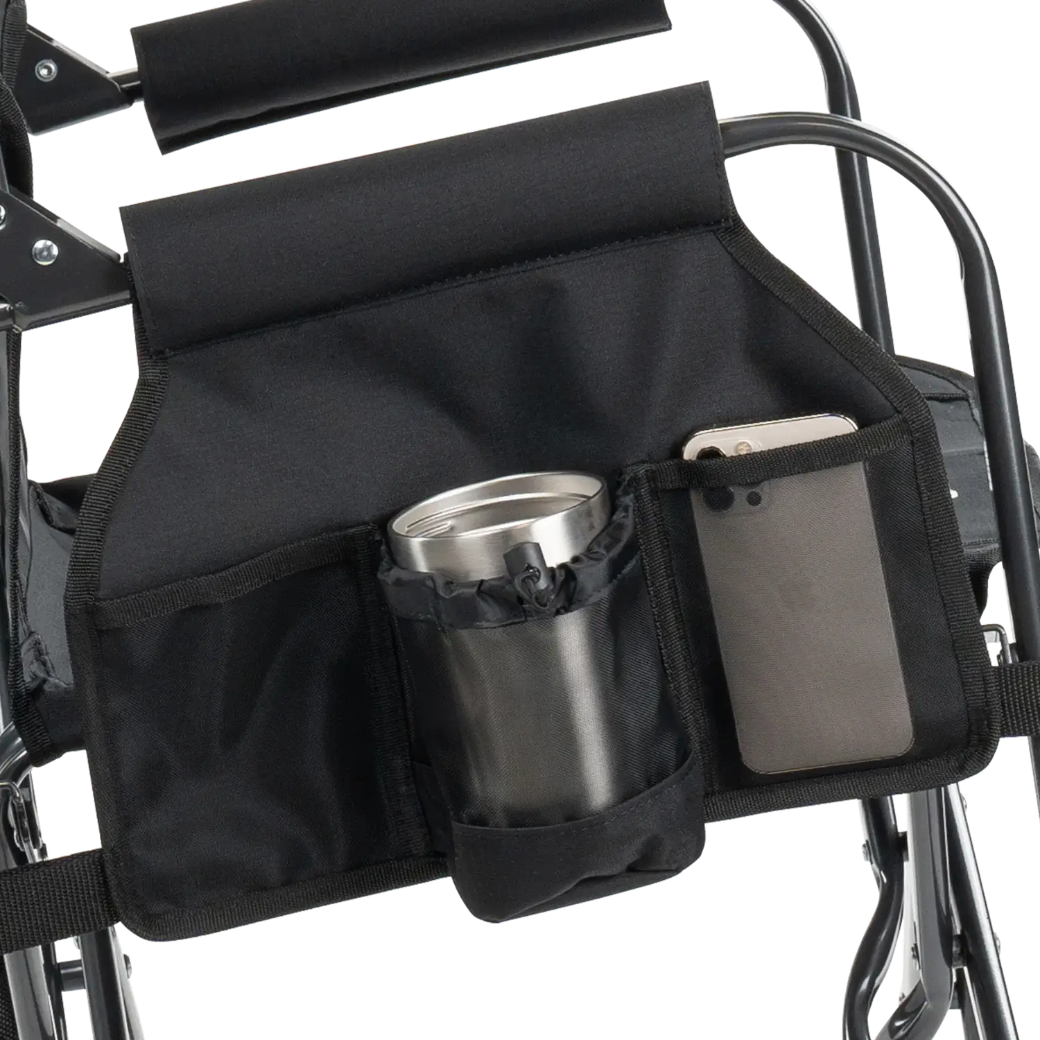 Versatile drink caddy on black stowaway rocker.