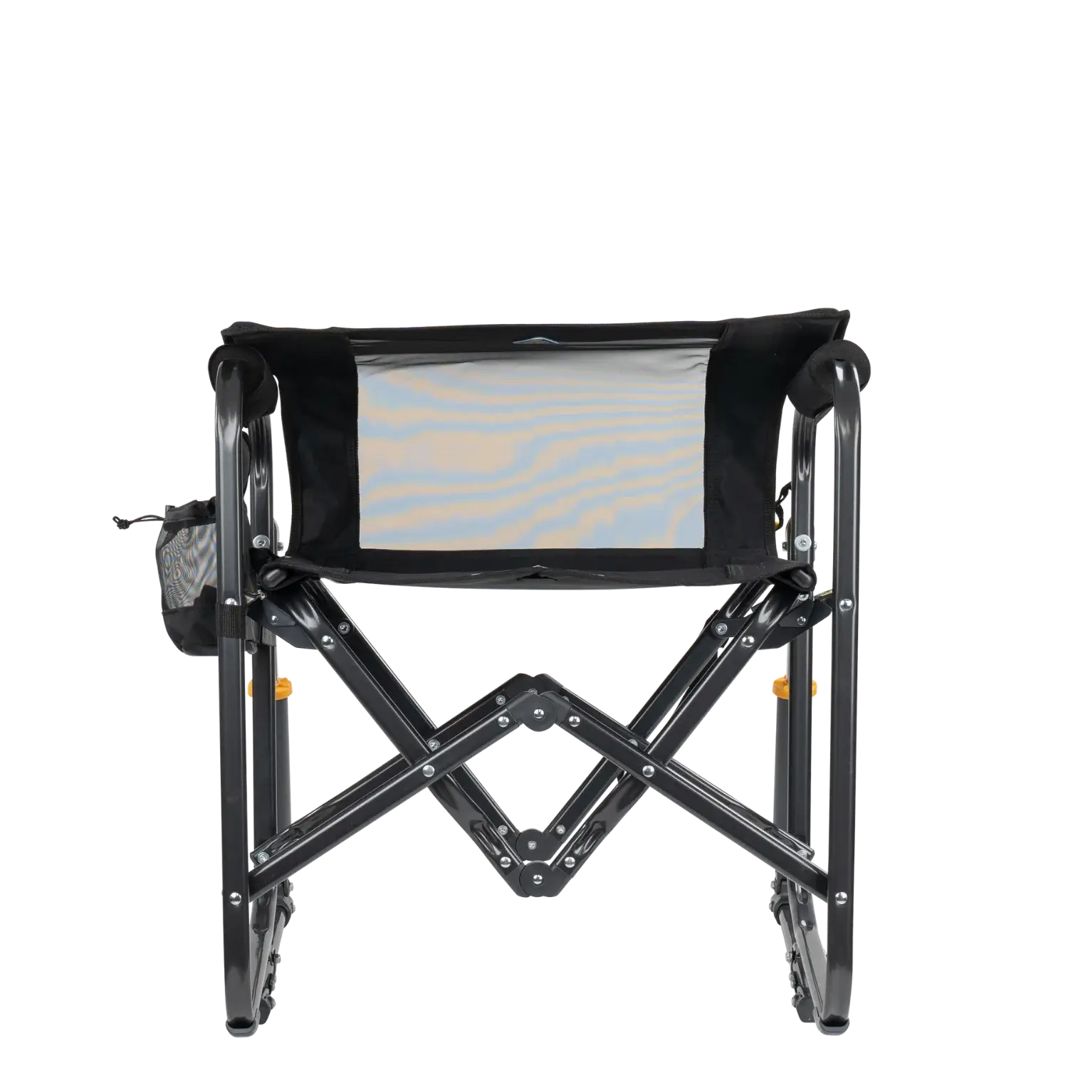 Folded backrest of black stowaway rocker. 