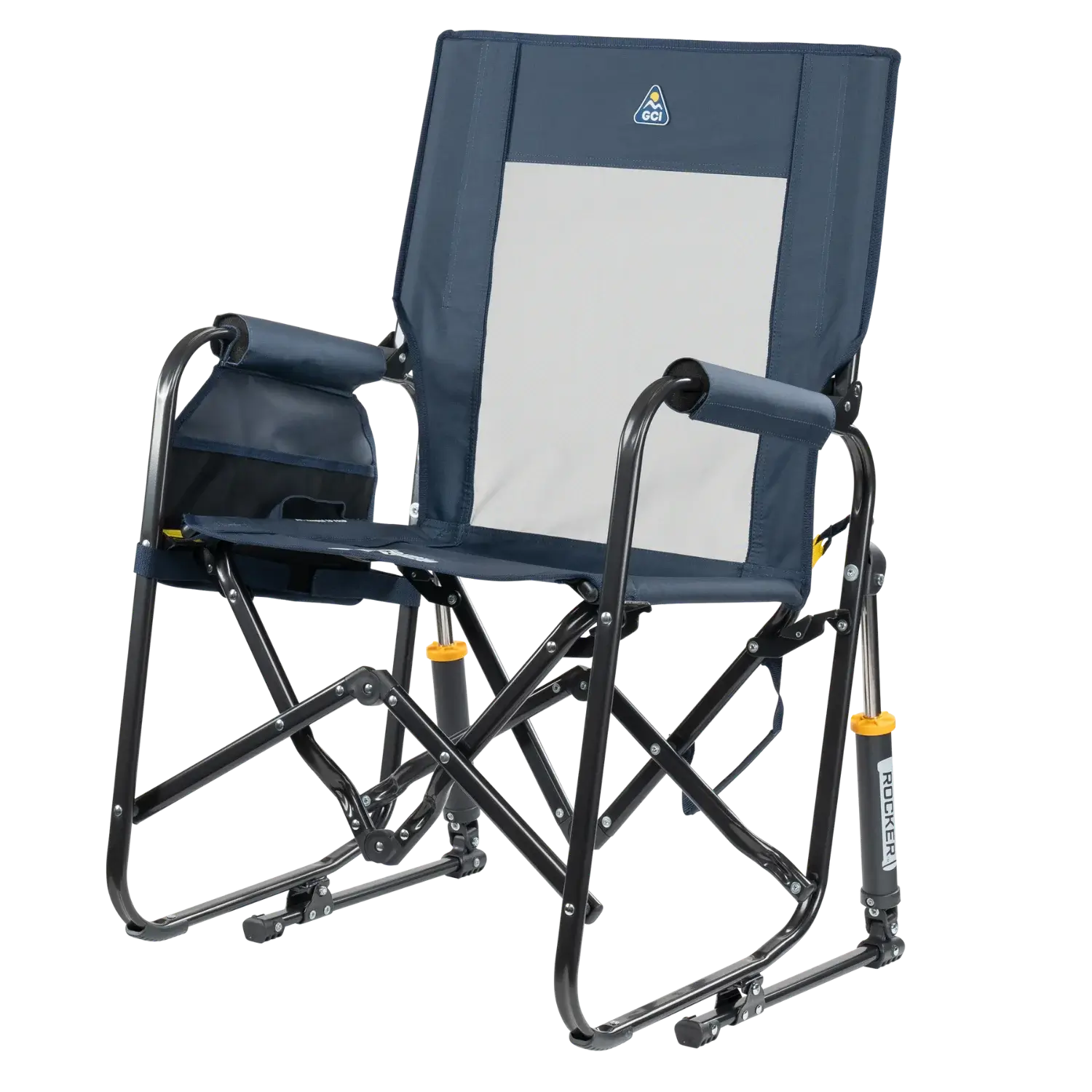 Side angle of denim stowaway rocker. 